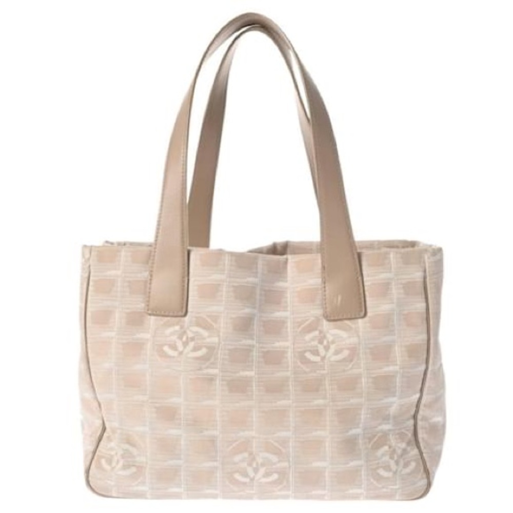 Authentic CHANEL Monogram Travel Line Shoulder Tote Bag Beige